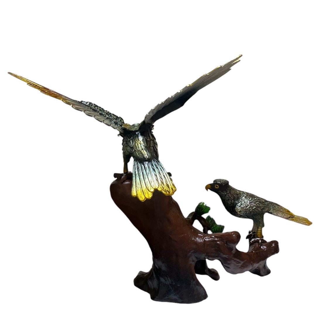 高級床置 夫婦鷹 箱付き アンティーク 床の間 鉄製 金属工芸 高さ50cm超え