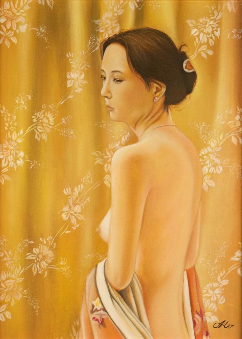 森本草介　油彩　肉筆『立ち姿』表と裏サイン　目黒雅叙園美術館　P8　額　b673