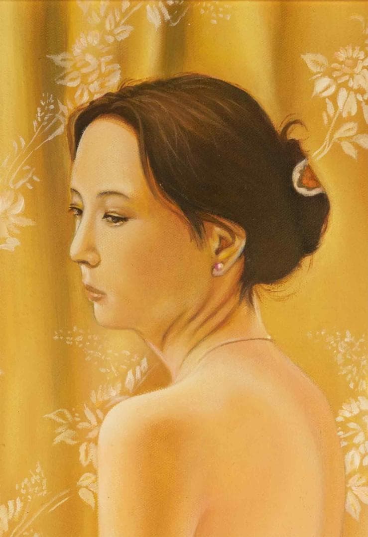 森本草介　油彩　肉筆『立ち姿』表と裏サイン　目黒雅叙園美術館　P8　額　b673