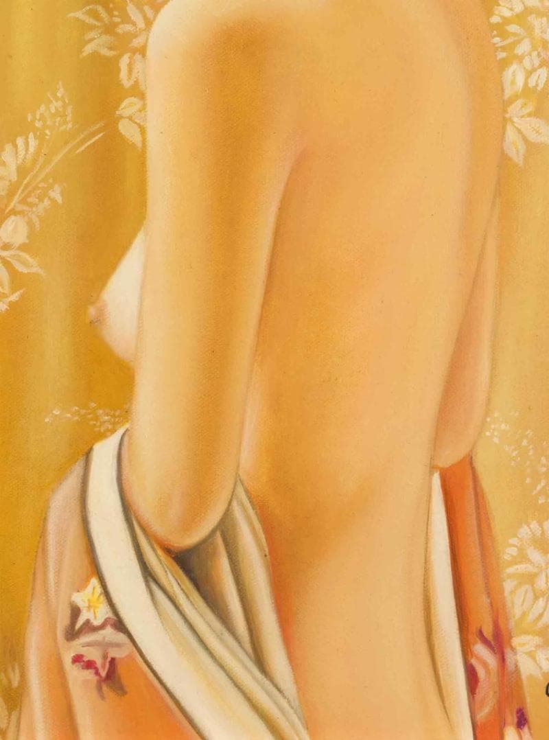 森本草介　油彩　肉筆『立ち姿』表と裏サイン　目黒雅叙園美術館　P8　額　b673