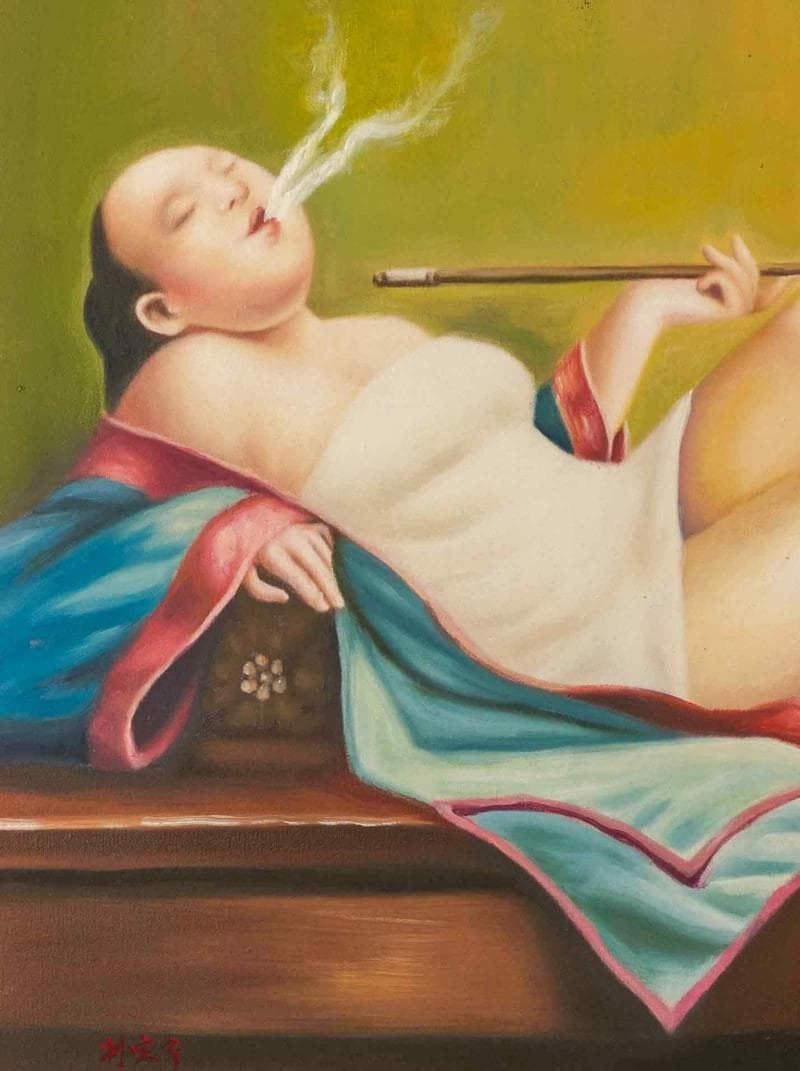 劉宝軍　油彩　肉筆『喫煙婦人』表サイン　画廊取扱シール　F12号　額無　b115