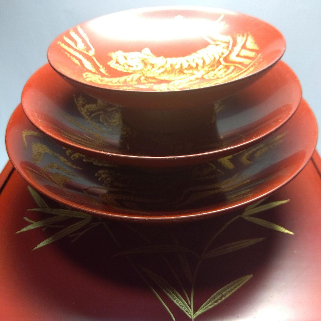 輪島塗 漆器三ッ組盃 沈金 虎の図 在銘 松竹梅 天然木 当日物 美品