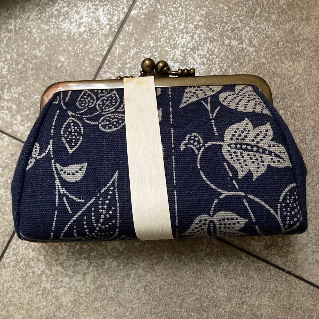 ［未使用］花柄がま口　ネイビー　藍木綿アンティーク　昭和レトロ　平成レトロ