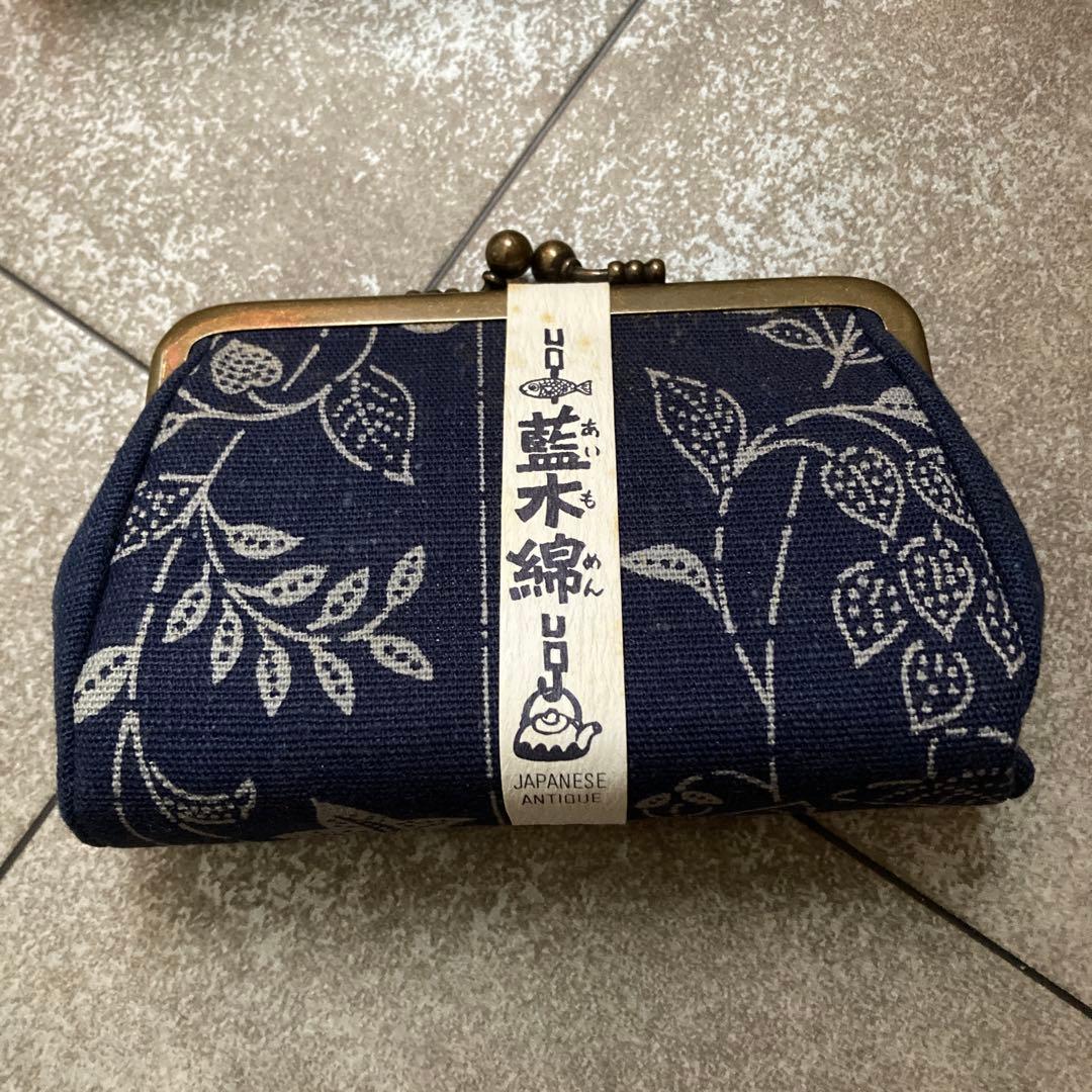 ［未使用］花柄がま口　ネイビー　藍木綿アンティーク　昭和レトロ　平成レトロ