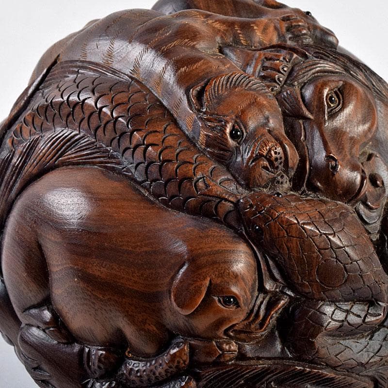 唐木彫刻　中山銘　十二支　丸玉　置物　V　R9190