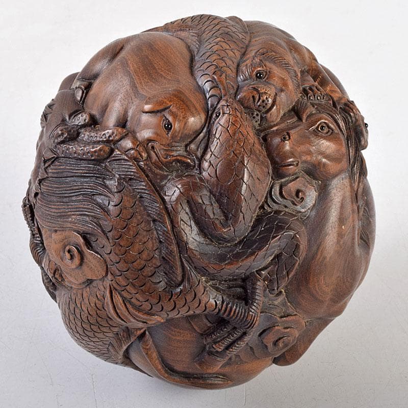 唐木彫刻　中山銘　十二支　丸玉　置物　V　R9190