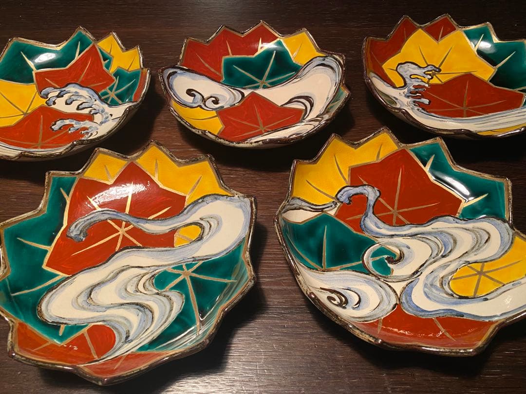 乾山写呉須入り竜田川文向付5種5色絵がわり 5客　清水焼　京器　懐石向付