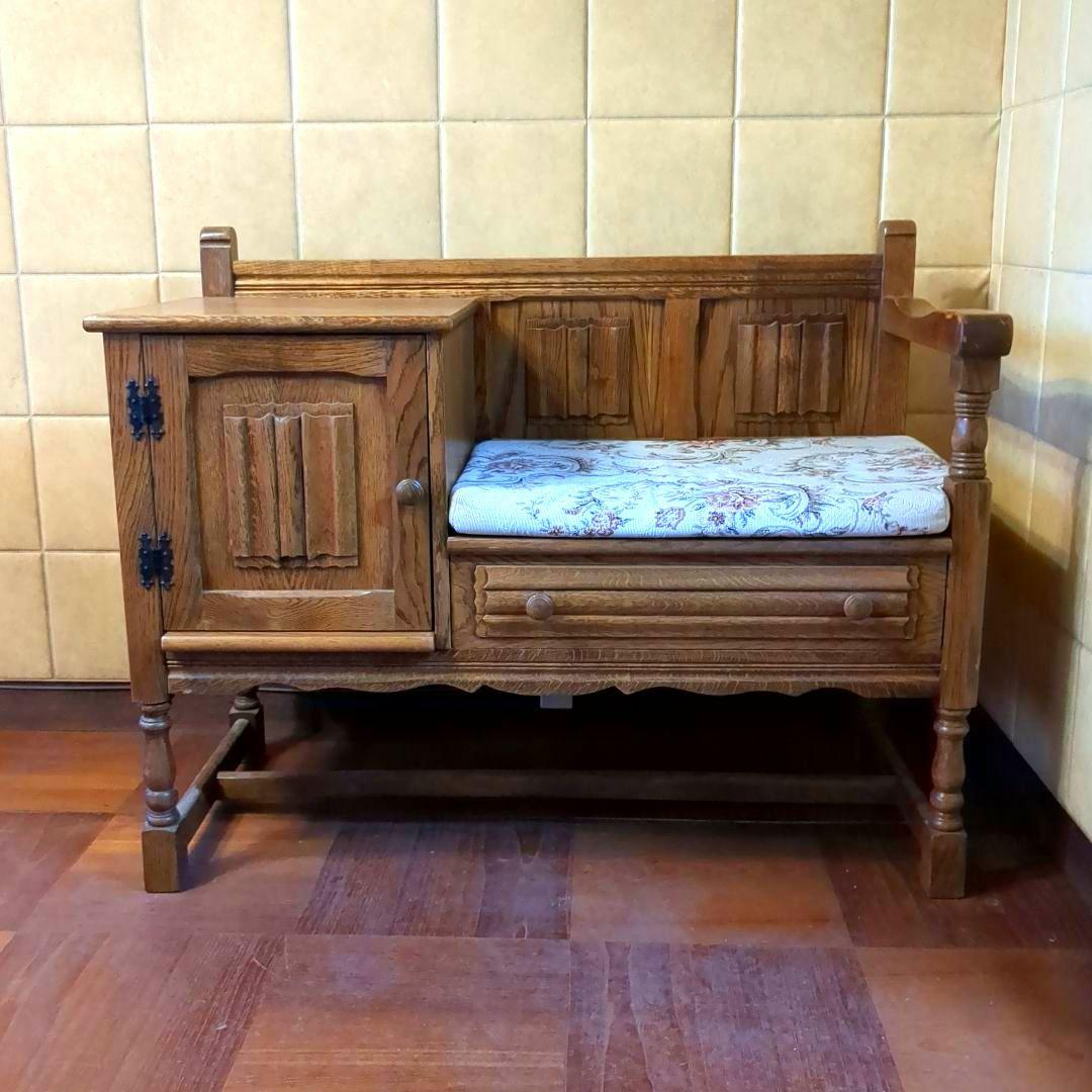 オーク材　テレフォンベンチ　電話台　アンティーク オーク材を使ったアンティークの英国家具、小ぶりなテレフォンベンチ(q