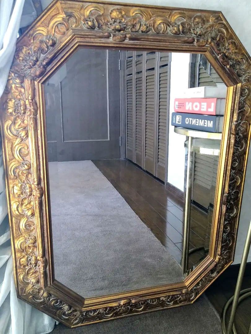 イタリア製 アンティーク八角ミラー・ 壁掛け 鏡・木製レリーフ鏡・クラシック