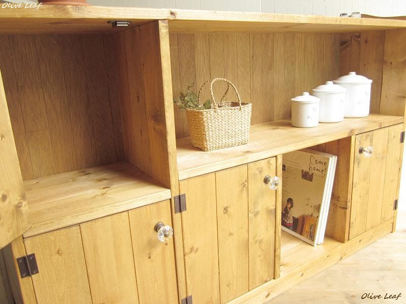 サイズデザインオーダー可ワイドロータイプ4扉キャビネットナチュラルブラウン受注製