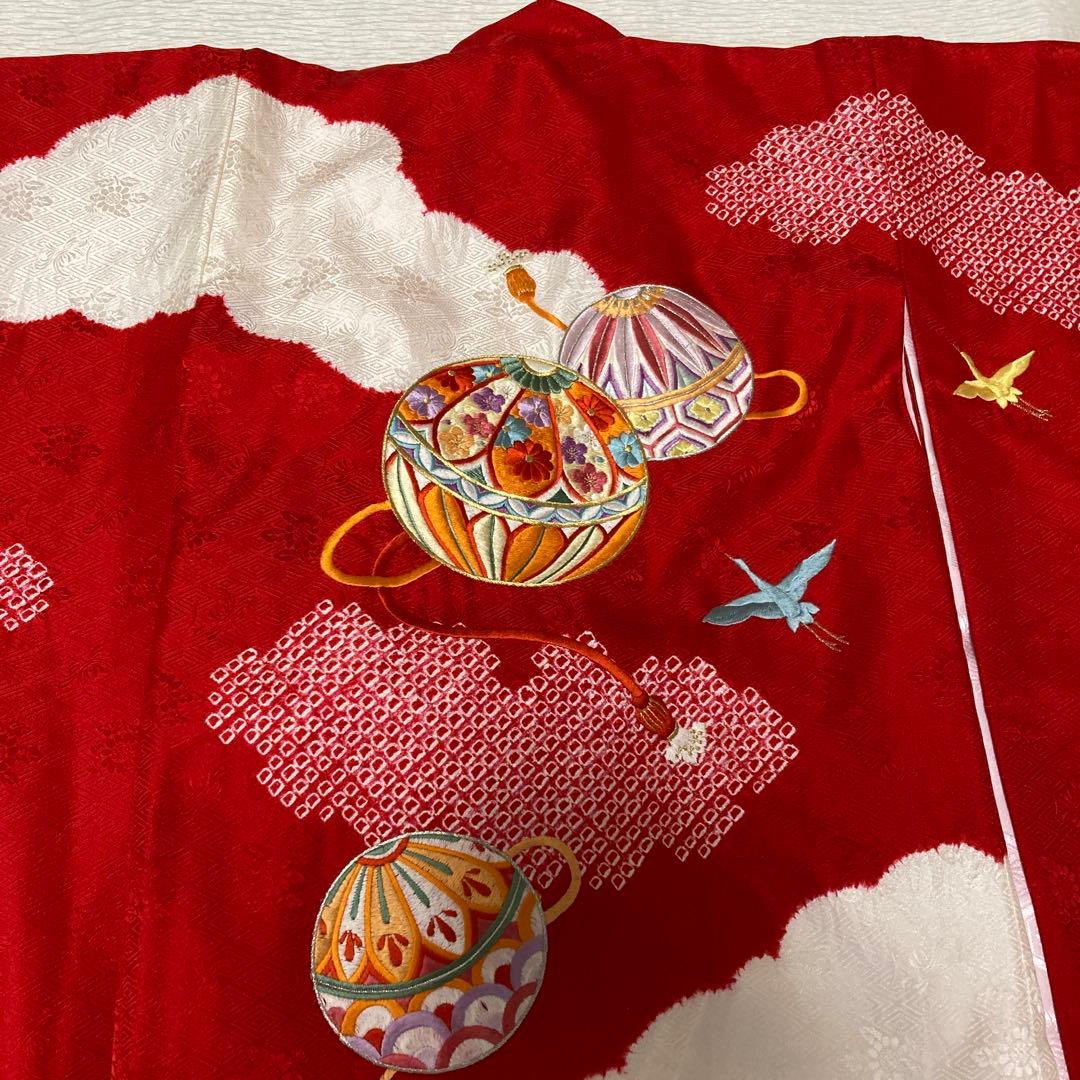 七五三 ３歳 女の子 正絹 着物長襦袢セット 絞り 赤白 金刺繍 熨斗目