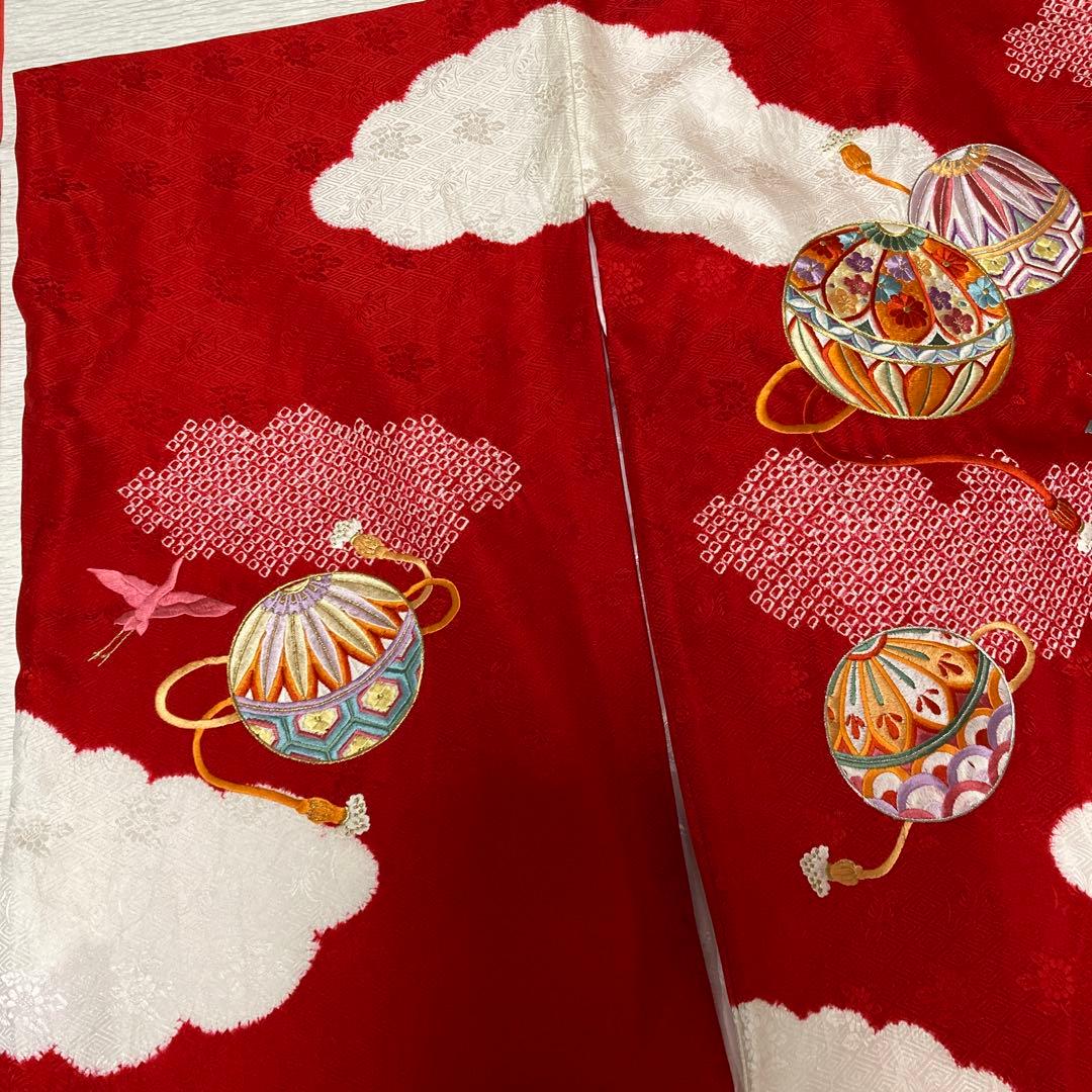 七五三 ３歳 女の子 正絹 着物長襦袢セット 絞り 赤白 金刺繍 熨斗目