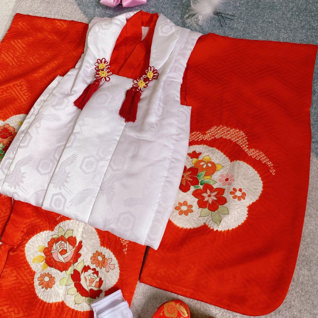 七五三 3歳 正絹 着物 被布 バッグ 草履 髪飾り セット