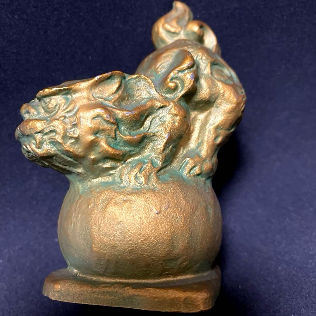 【貴重作品】　月形那比古　金彩玉乗獅子　置物　ブロンズ製