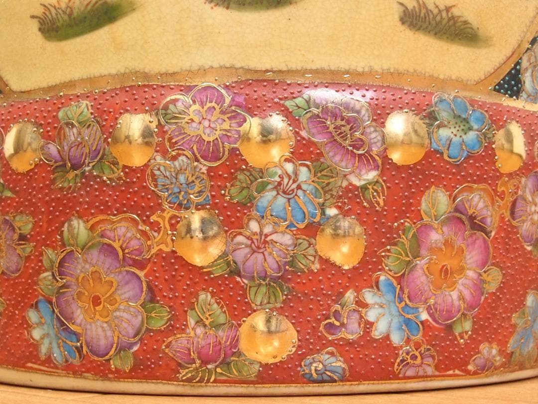 【美品】陶器製 スツール 椅子/花台/飾り台 美人画/花文/青粒 シノワズリ家具