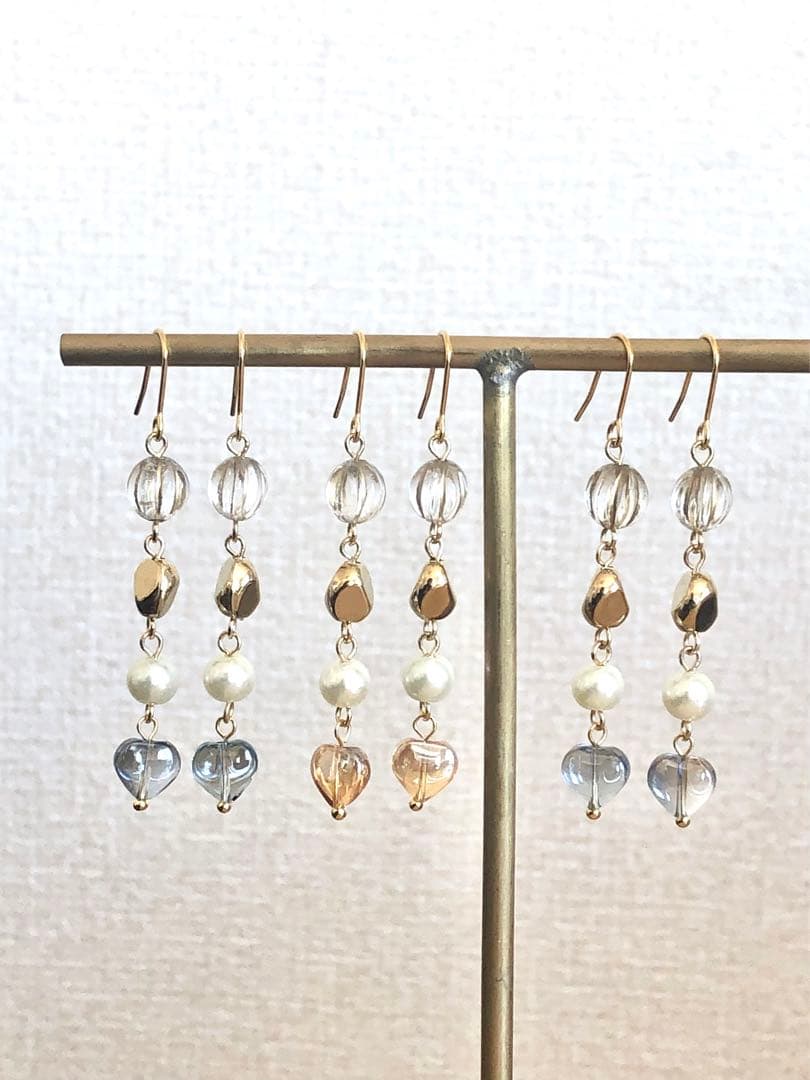 【678】再販 ハート ガラスビーズ ピアス パール イヤリング ハンドメイド