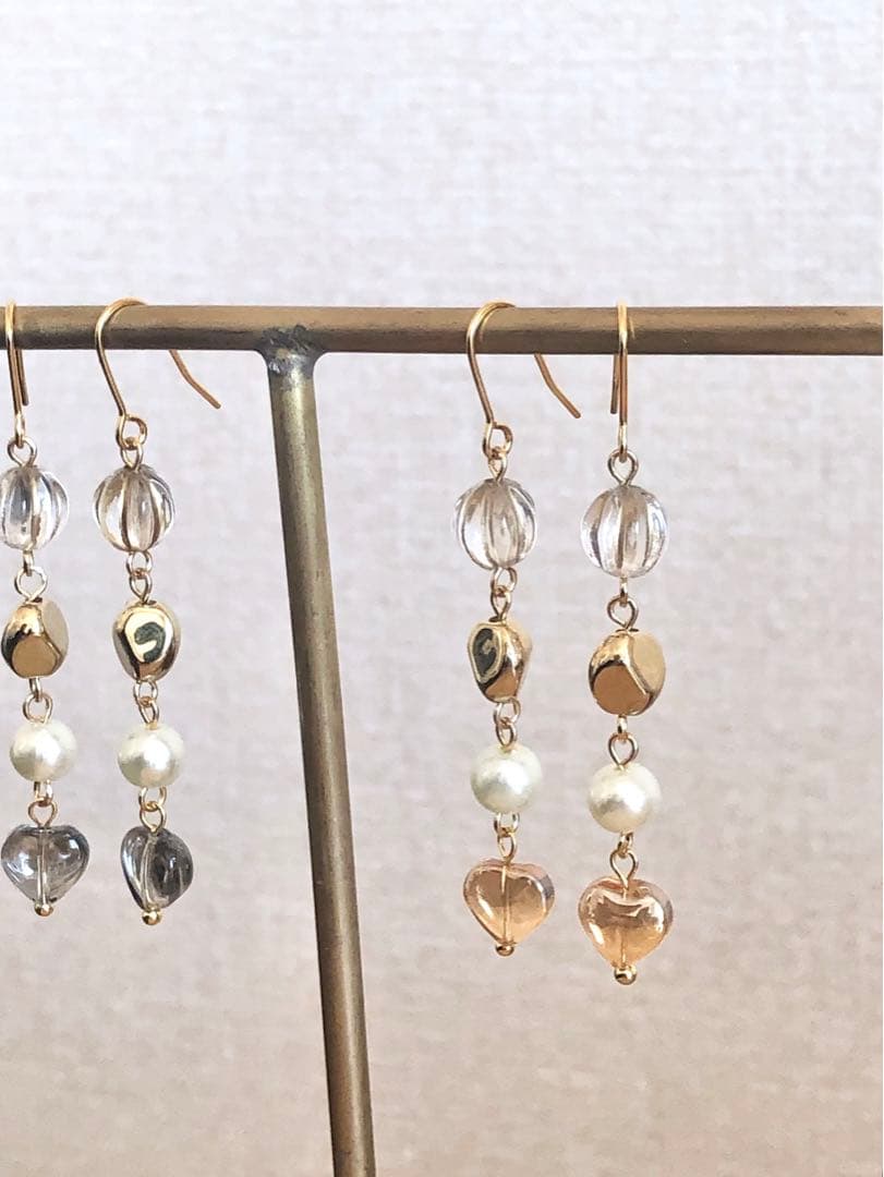 【678】再販 ハート ガラスビーズ ピアス パール イヤリング ハンドメイド