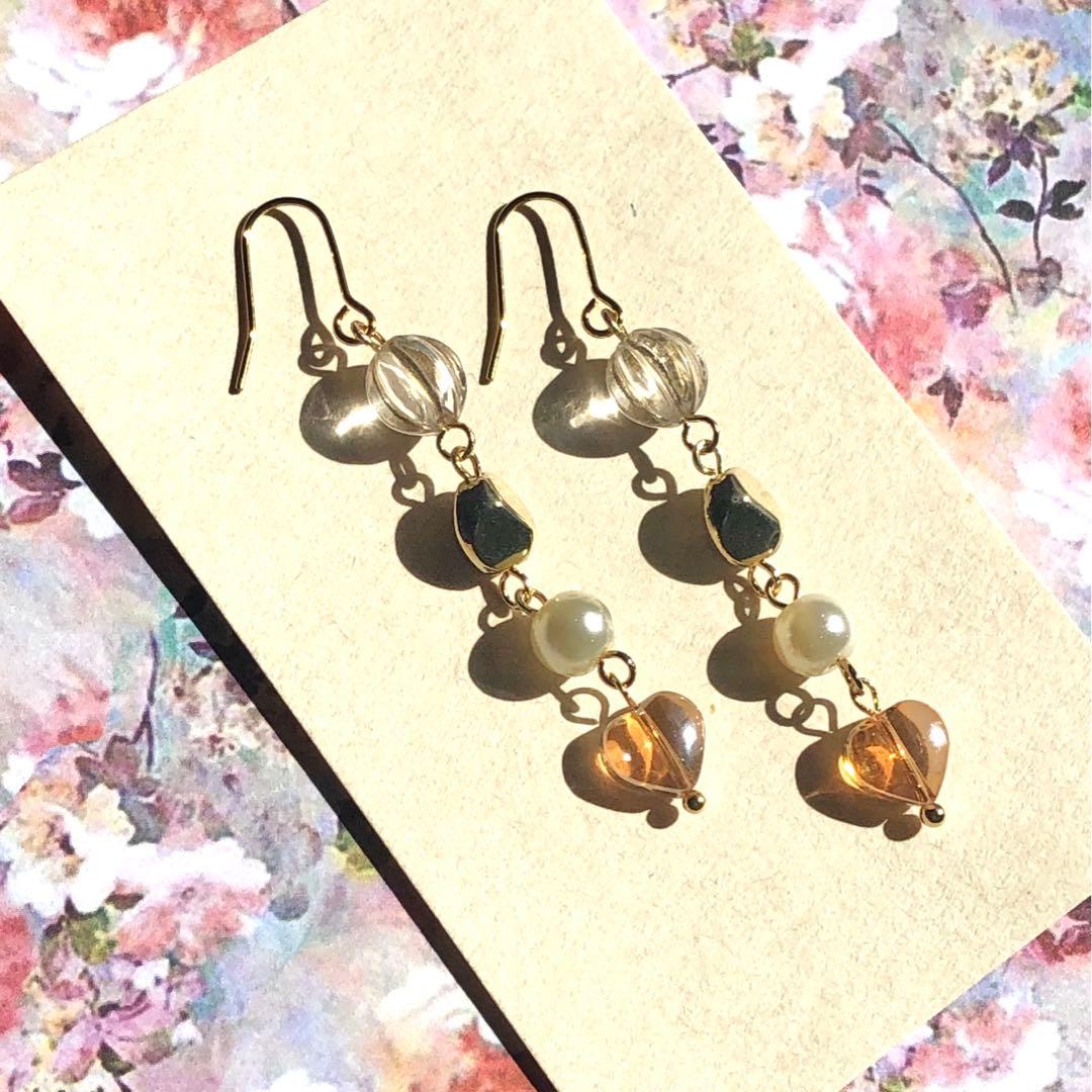 【678】再販 ハート ガラスビーズ ピアス パール イヤリング ハンドメイド