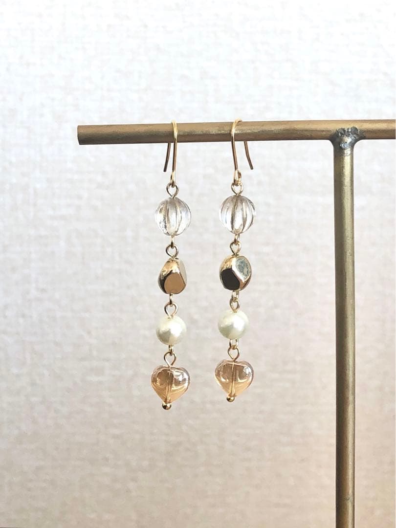 【678】再販 ハート ガラスビーズ ピアス パール イヤリング ハンドメイド