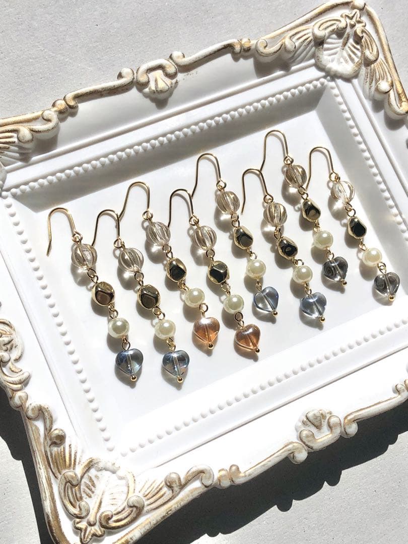 【678】再販 ハート ガラスビーズ ピアス パール イヤリング ハンドメイド