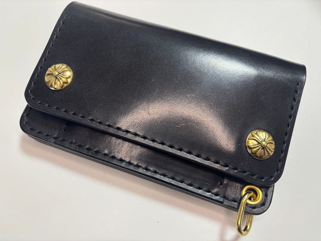 黒 栃木サドルレザー トラッカーウォレット 三層 真鍮 クロスボール