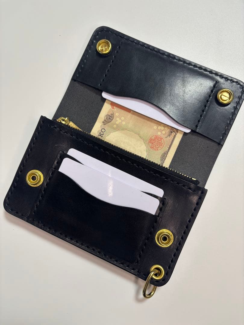 黒 栃木サドルレザー トラッカーウォレット 三層 真鍮 クロスボール