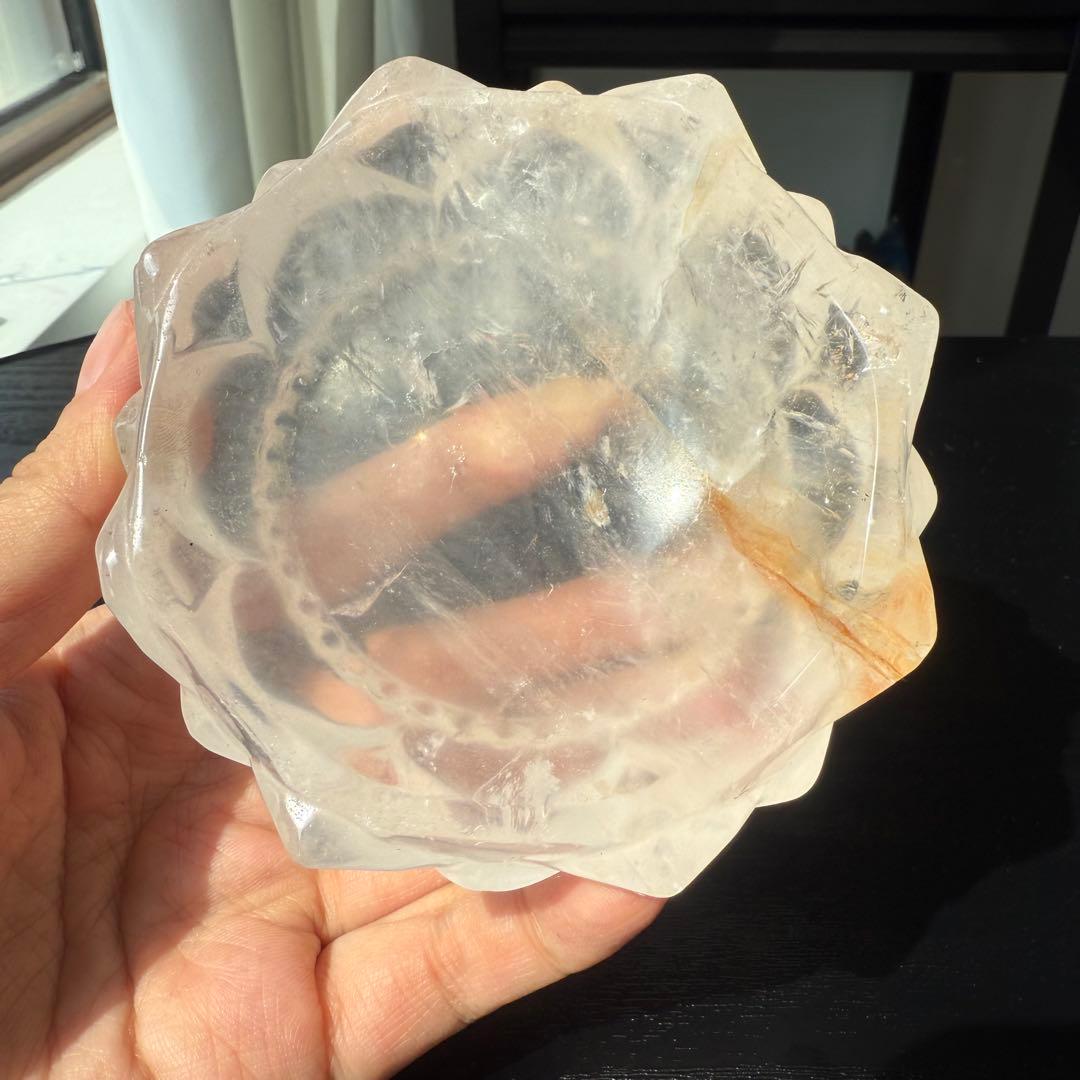 天然石ローズクォーツの蓮お皿　置物NO.091610