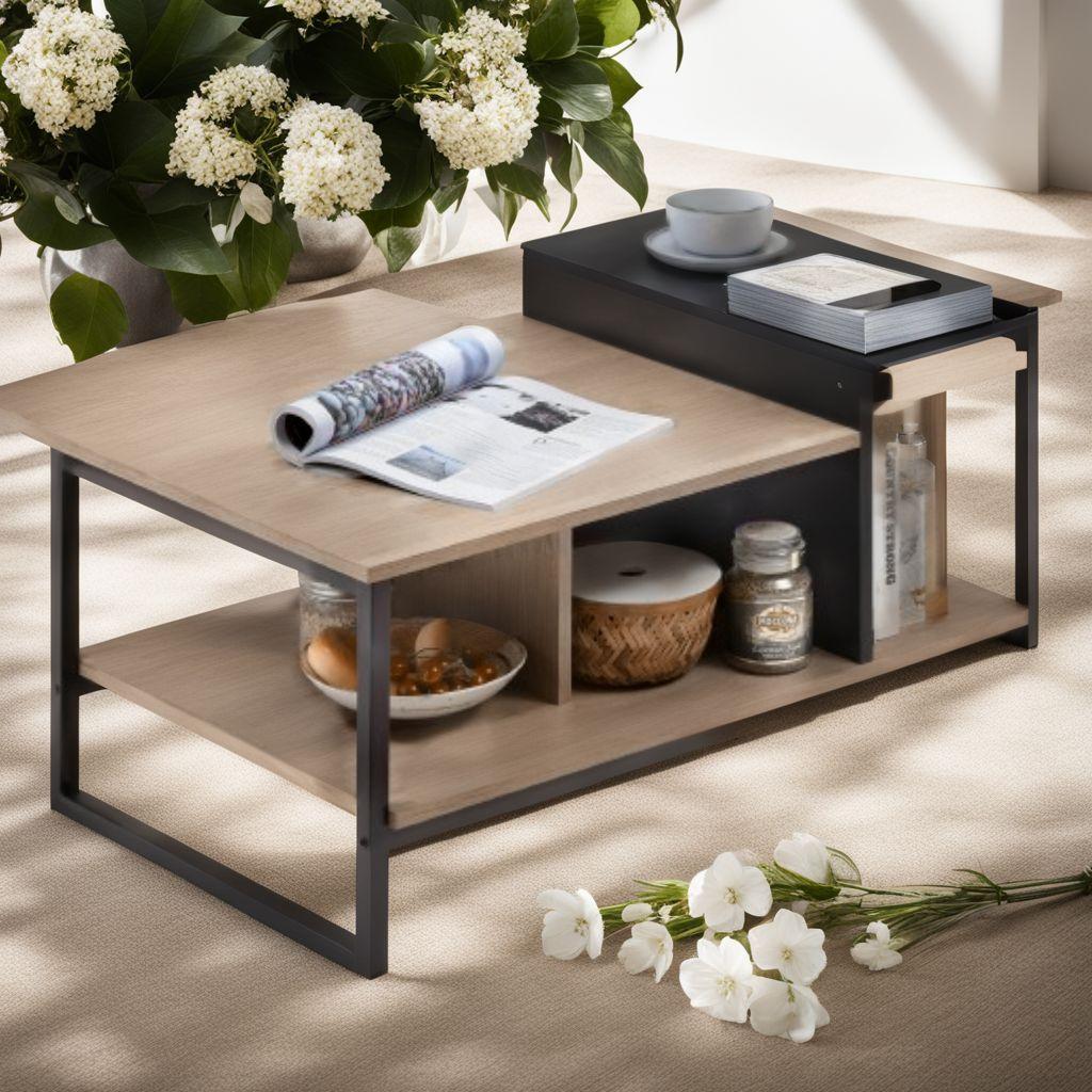 階層設計木製センターテーブル - コンパクト収納