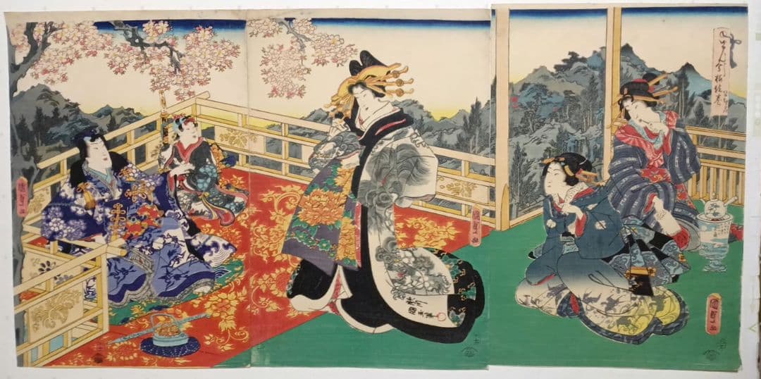 浮世絵版画、げんじ今様絵巻三枚綴り 二代国貞と国玉の合筆安政5年（1858)出版