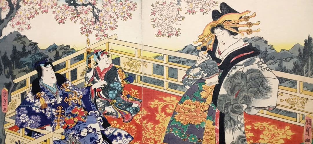 浮世絵版画、げんじ今様絵巻三枚綴り 二代国貞と国玉の合筆安政5年（1858)出版