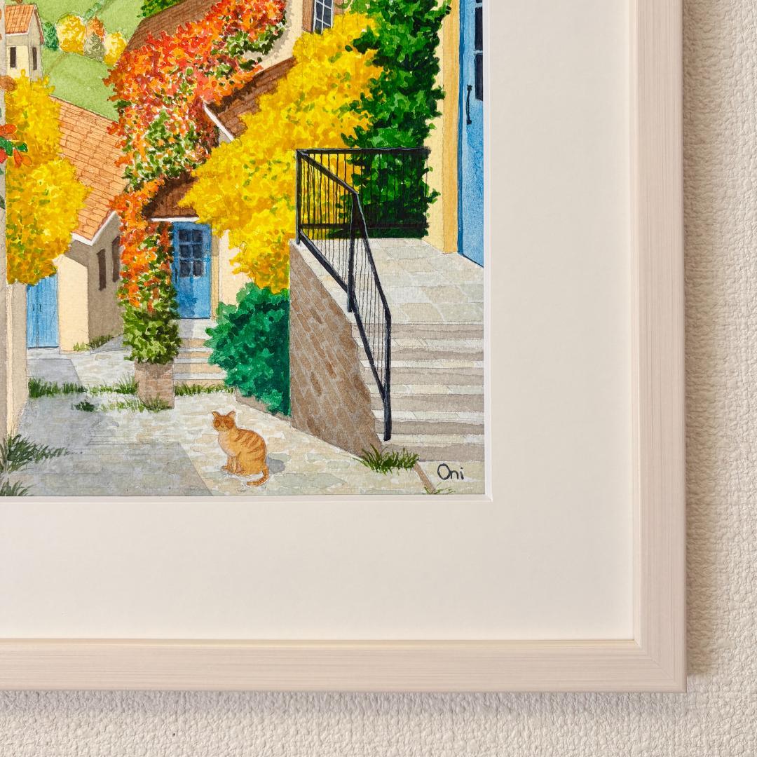 透明水彩画　原画　「オータムヴィレッジ02」額縁付き　F4サイズ　風景画
