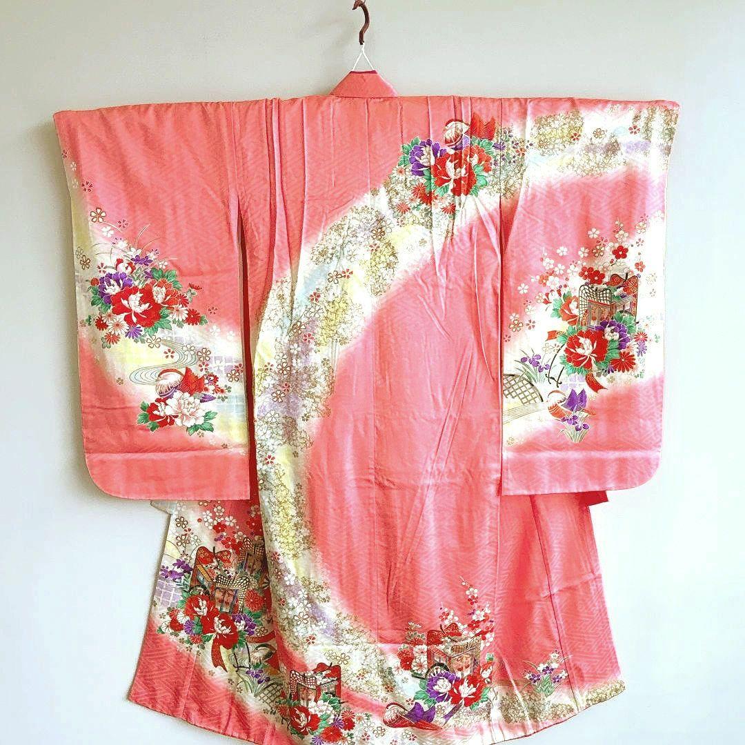 セット　七五三７歳女の子　着物＆帯＆袖無長襦袢＆小物　サーモンピンク　花御所車