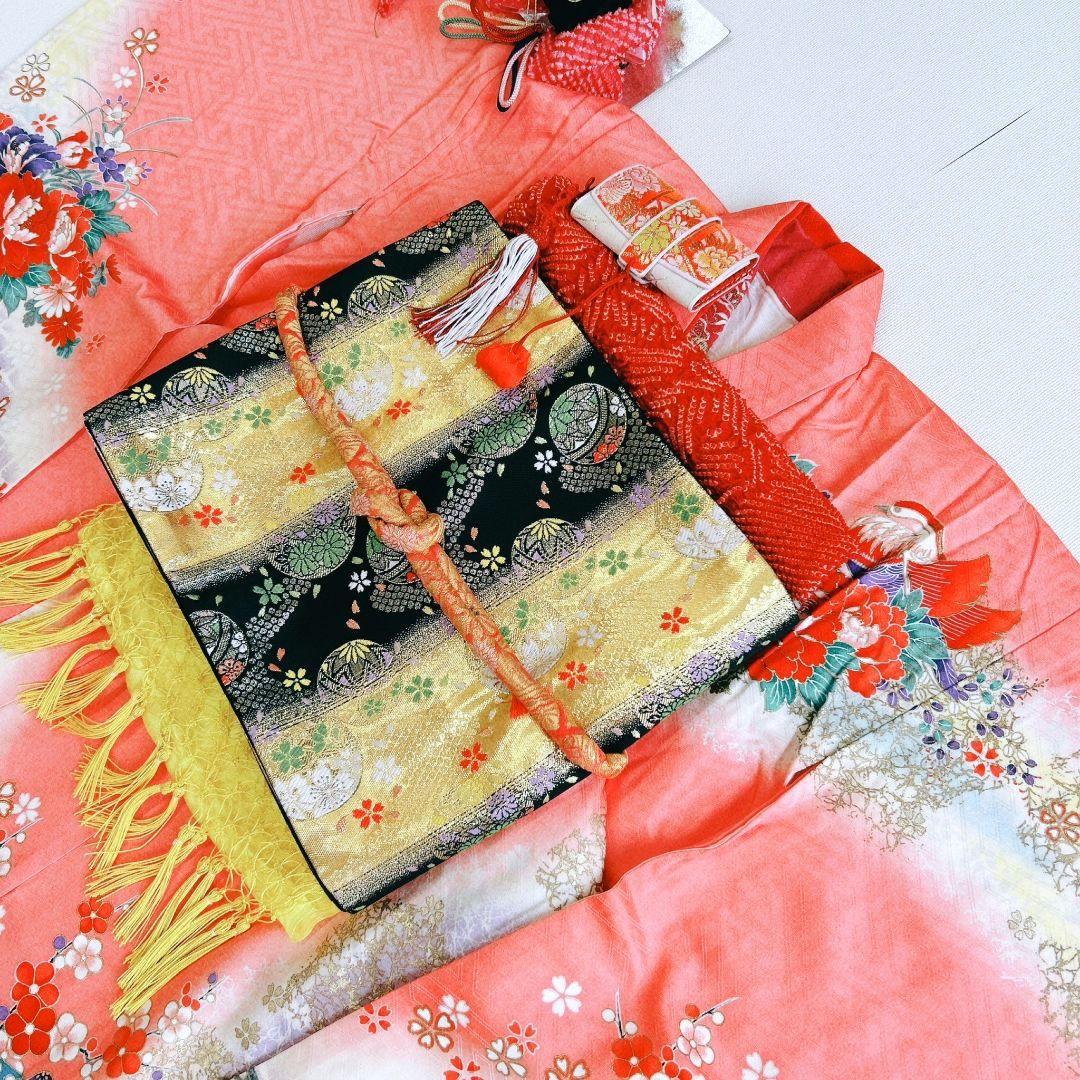 セット　七五三７歳女の子　着物＆帯＆袖無長襦袢＆小物　サーモンピンク　花御所車
