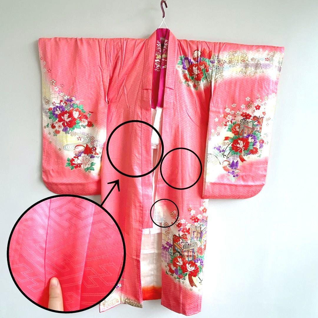 セット　七五三７歳女の子　着物＆帯＆袖無長襦袢＆小物　サーモンピンク　花御所車