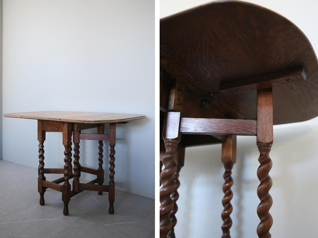 英国アンティーク木製ゲートレッグテーブル/ダイニング机バタフライ(92