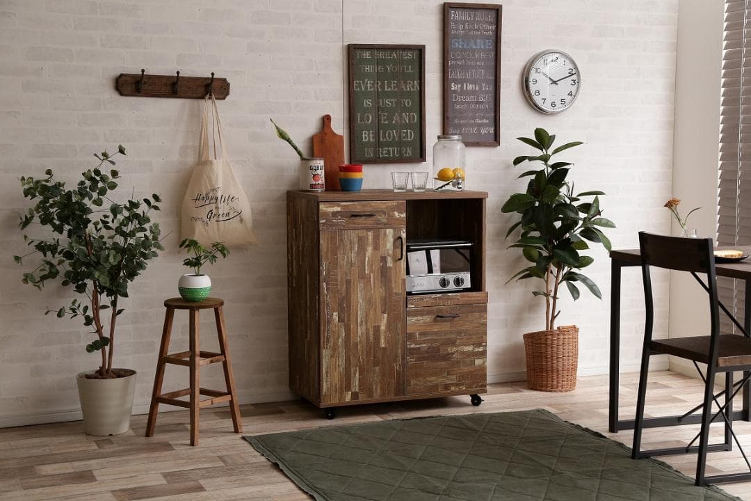 《新品・送料無料》Cave 寄木柄80cmレンジ台キャスター付き