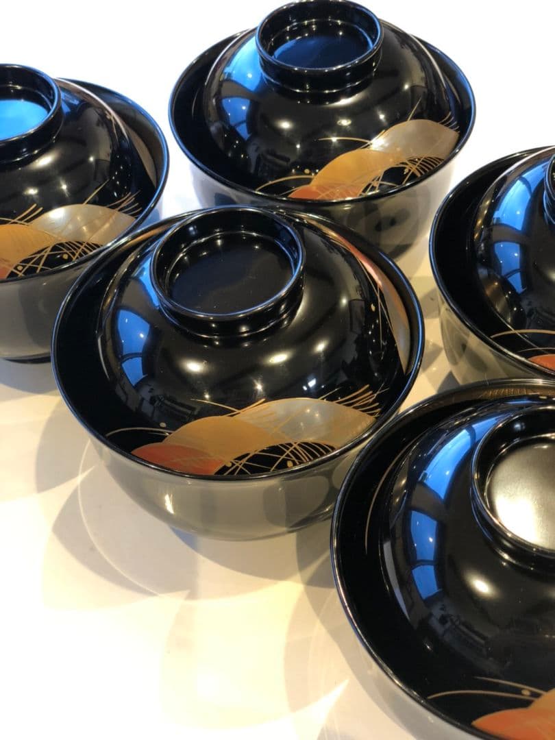 【訳あり】木製漆塗　千鳥型　波にススキ磨き蒔絵　むさし野　黒　５客組