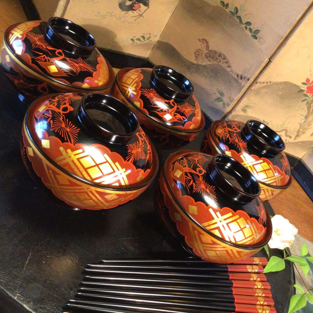 A810 木製漆器　懐石道具　秀衡塗　椀　（丸三漆器）5客箸　5膳　揃え