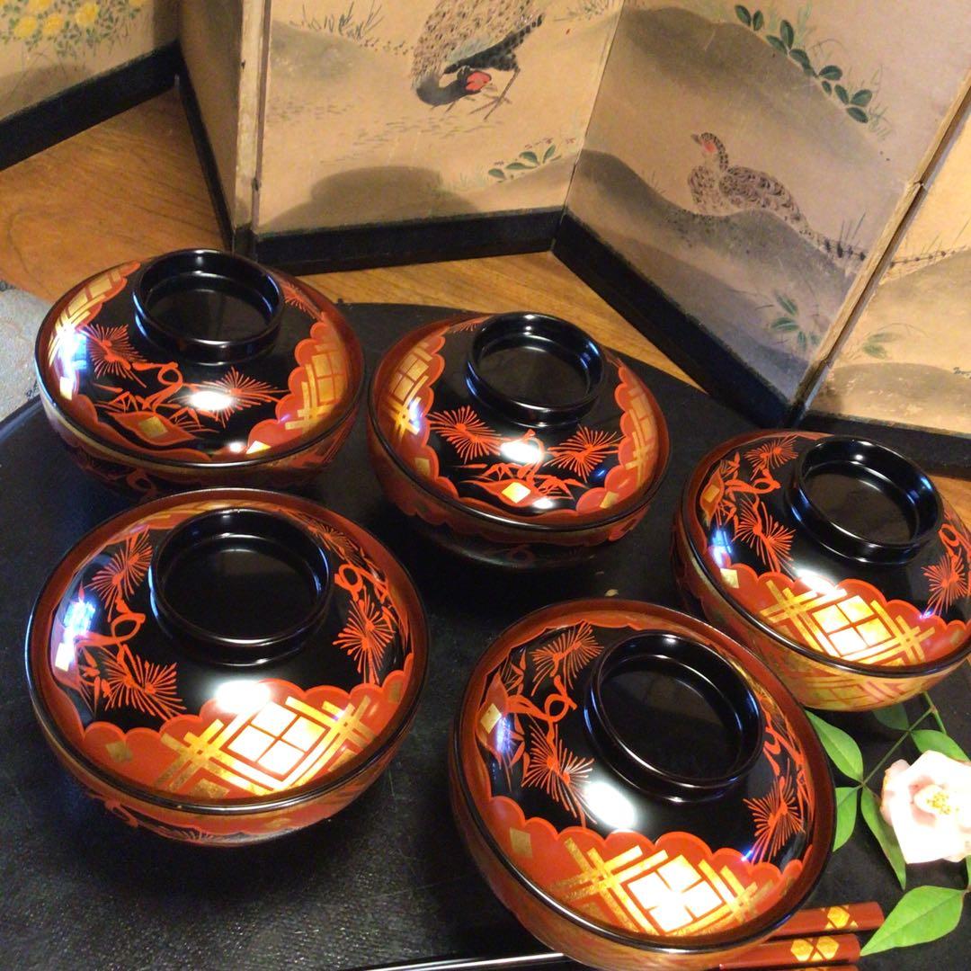 A810 木製漆器　懐石道具　秀衡塗　椀　（丸三漆器）5客箸　5膳　揃え