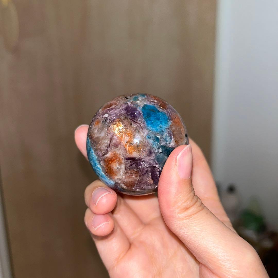 49.5ミリ レア レピドライト サンストーン アパタイト共生 スフィア 天然石