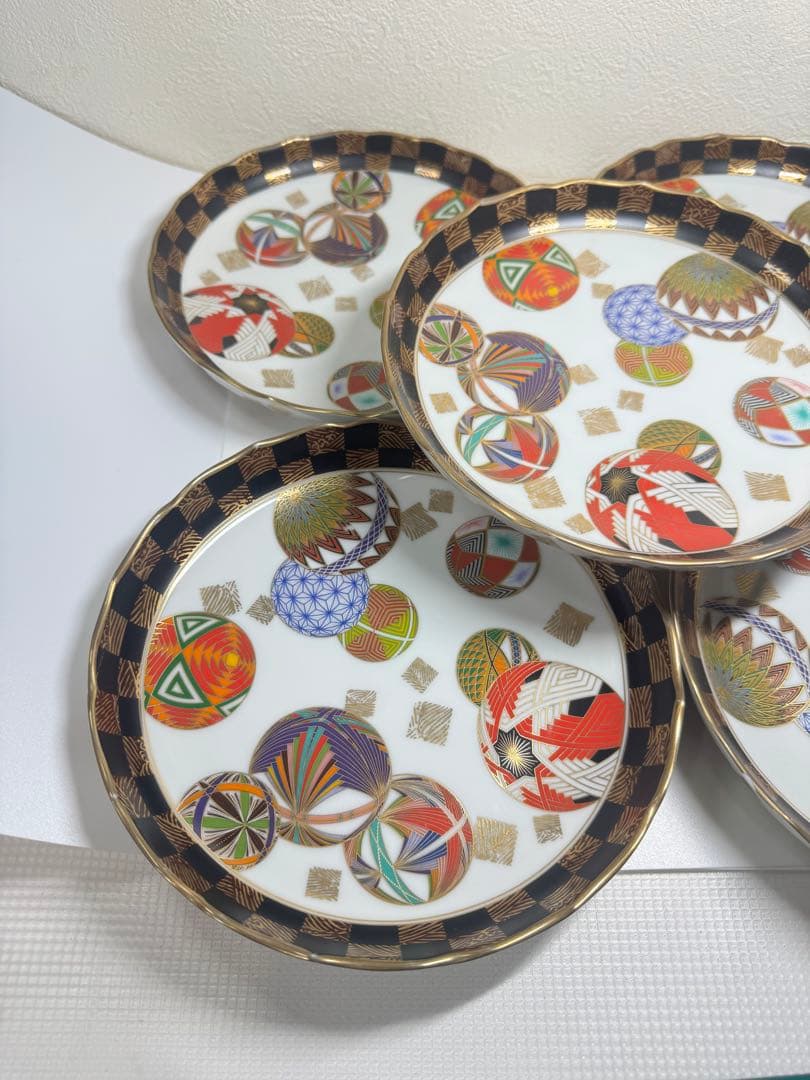 美濃焼 庫山窯 色絵手まり 和皿盛皿 5客セット 金彩 金襴手 廃盤 A①