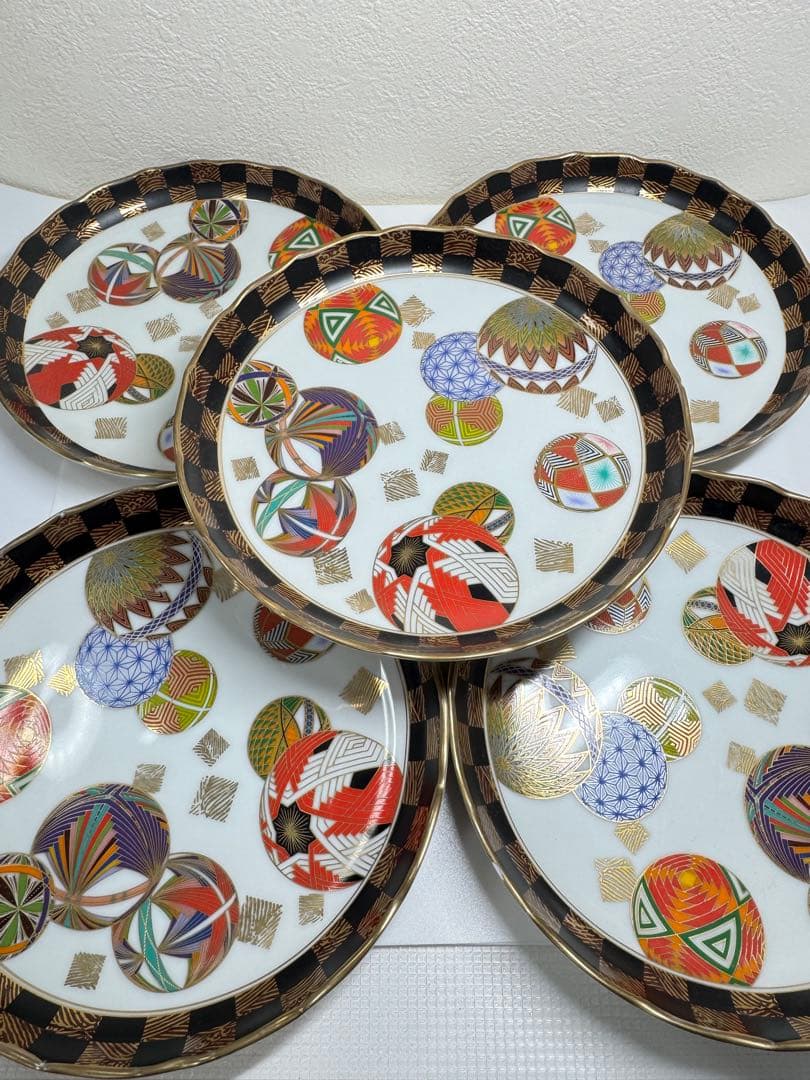 美濃焼 庫山窯 色絵手まり 和皿盛皿 5客セット 金彩 金襴手 廃盤 A①