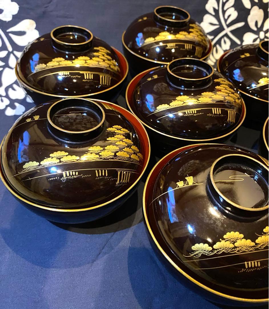 時代物骨董　木製漆器吸物椀七客　蒔絵・黒内朱　源氏物語　松風・葵の上　7客組