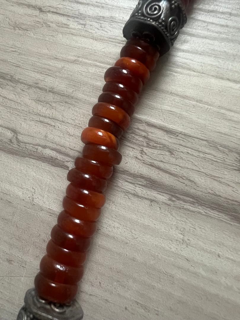 アンティークOLDビーズネックレス アンバー琥珀 レッドビーズターコイズシルバー