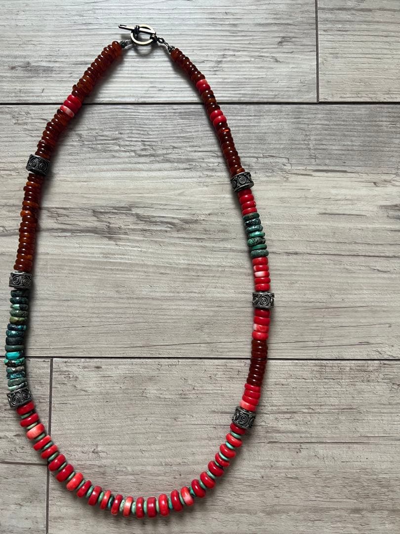 アンティークOLDビーズネックレス アンバー琥珀 レッドビーズターコイズシルバー