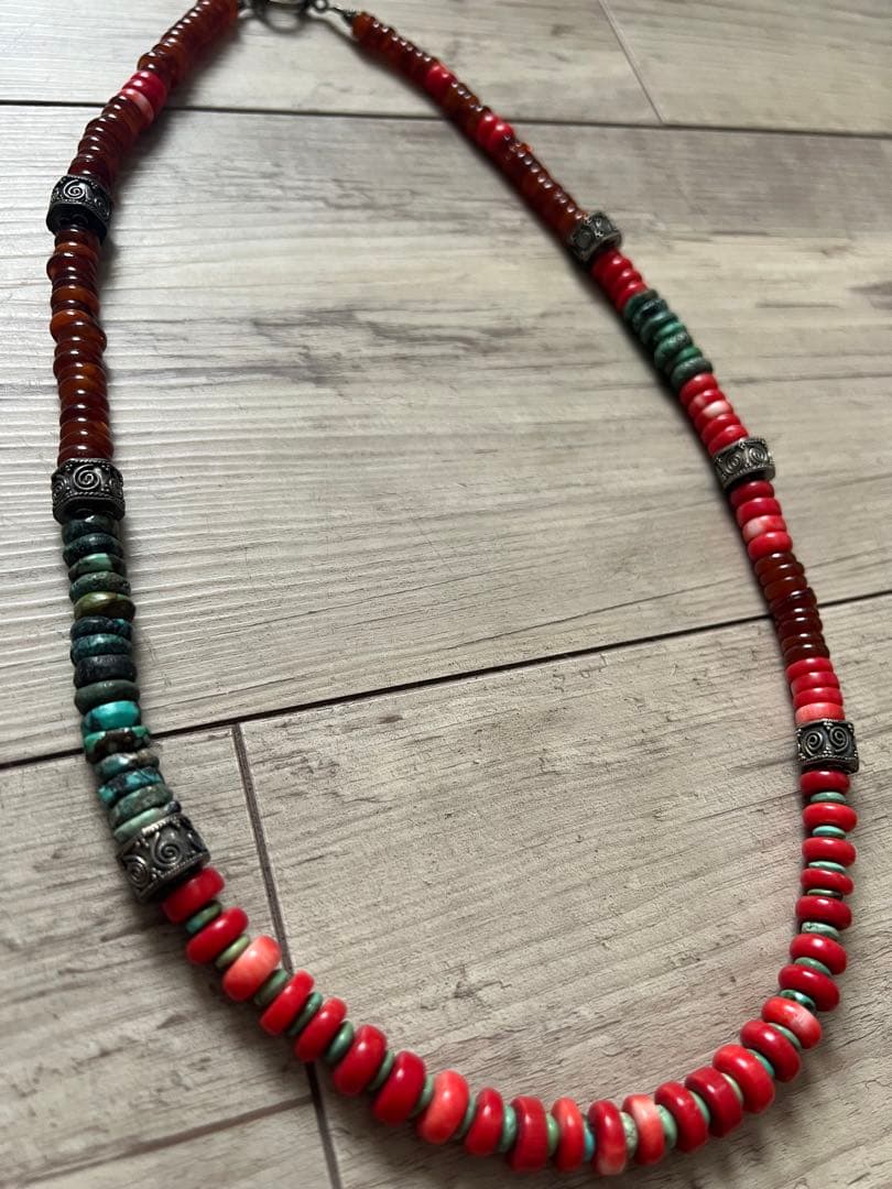 アンティークOLDビーズネックレス アンバー琥珀 レッドビーズターコイズシルバー