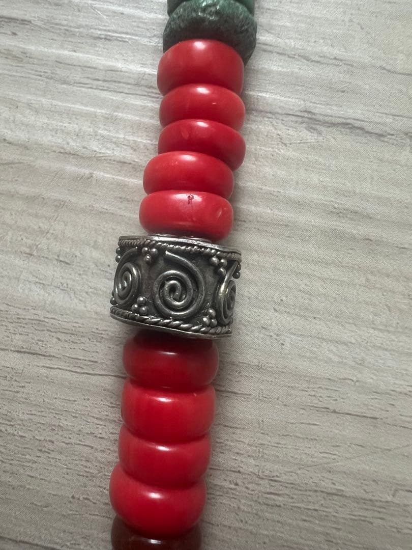 アンティークOLDビーズネックレス アンバー琥珀 レッドビーズターコイズシルバー