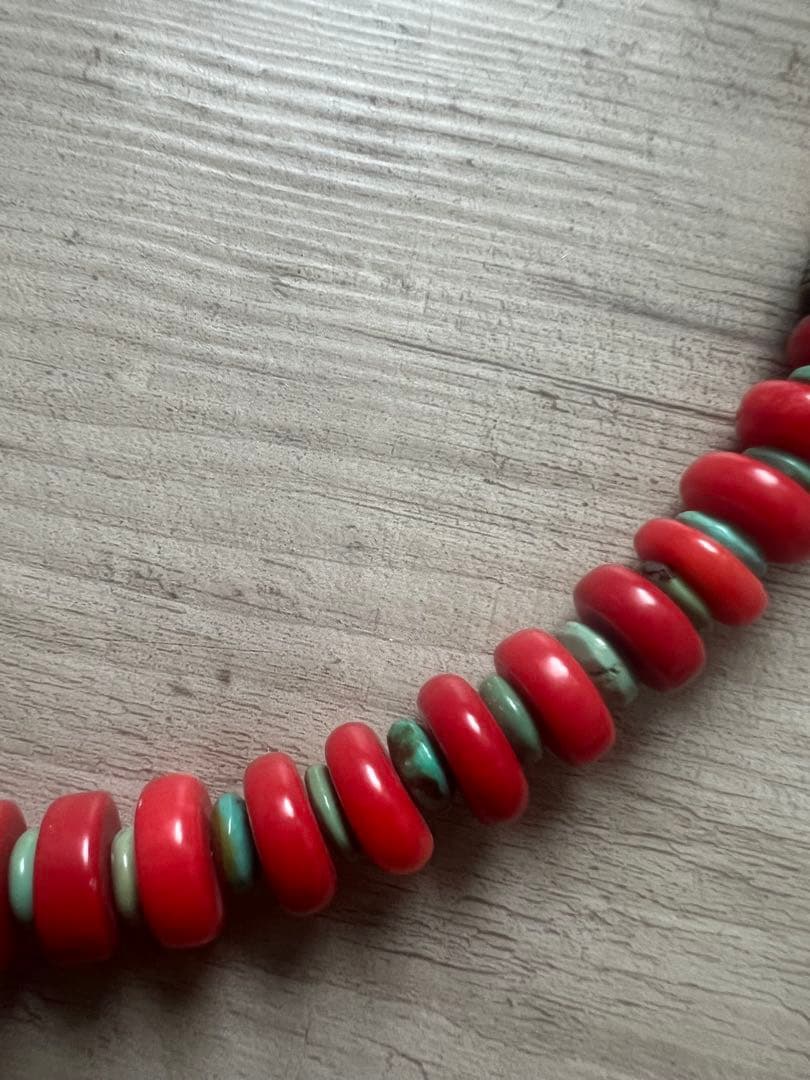 アンティークOLDビーズネックレス アンバー琥珀 レッドビーズターコイズシルバー