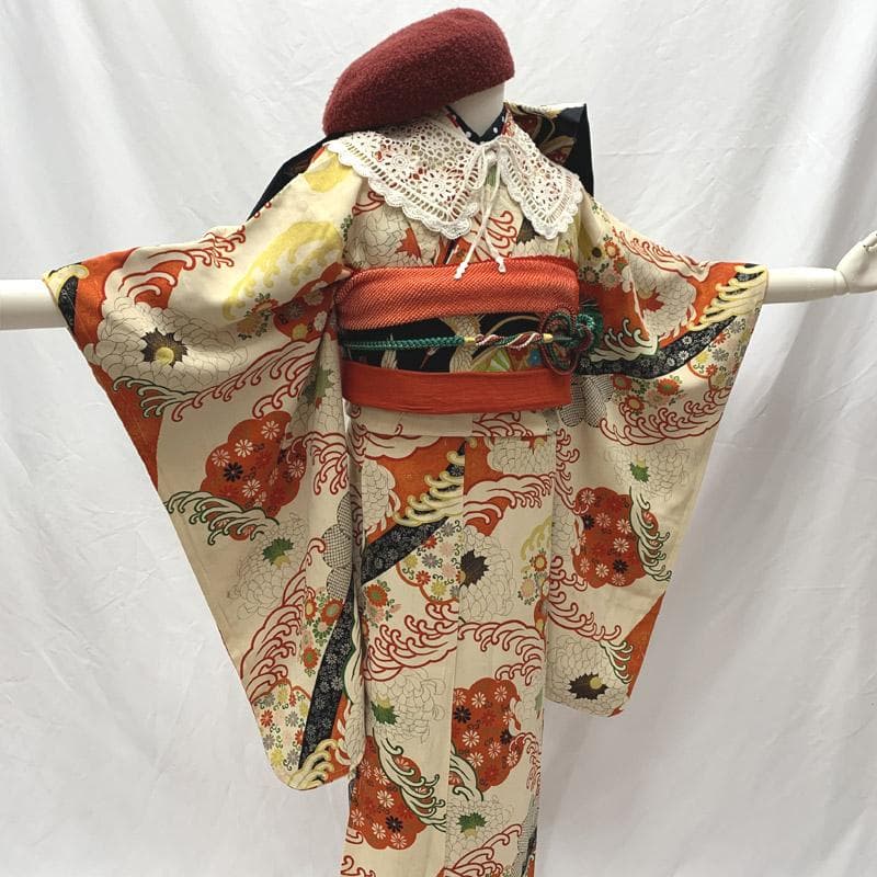 508aj3、帯■ハーフ成人式 卒業式 十三参り アンティーク着物 菊■良好