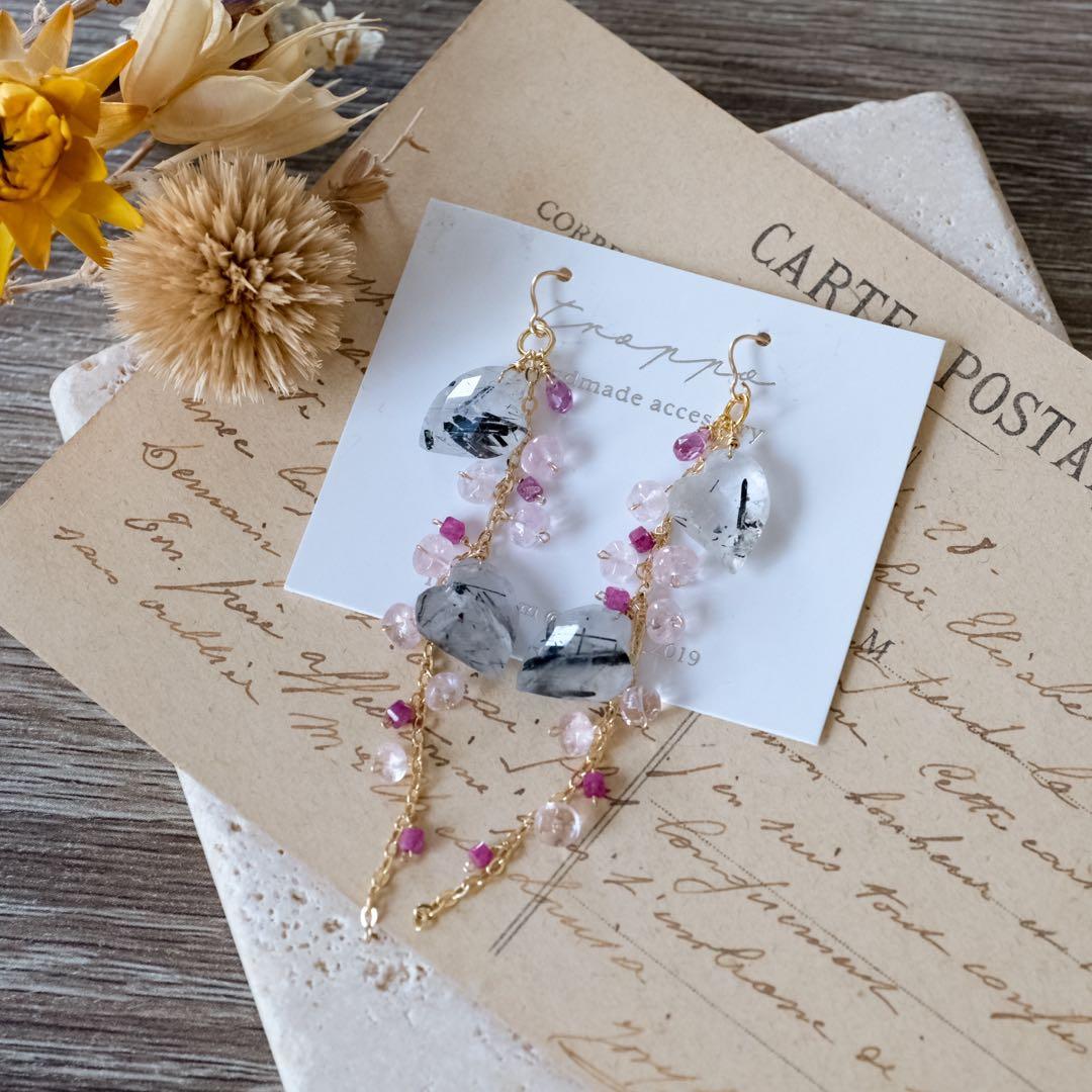 14kgfダブルハートロングピアス/イヤリング